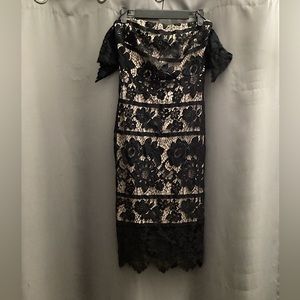 Express lace cream and black off the shoulder midi dress